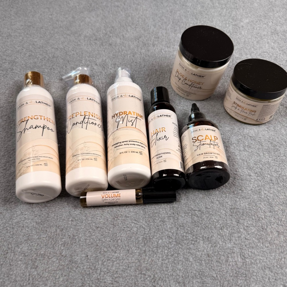 Bask and Lather 8pc Hair Growth Set Shampoo Conditioner Scalp Stimulator Balm